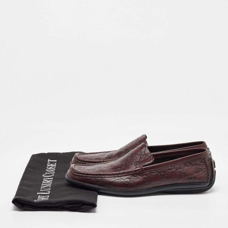Pre Owned Gucci Dark Brown Leather Guccissima Slip on Loafers Size 38