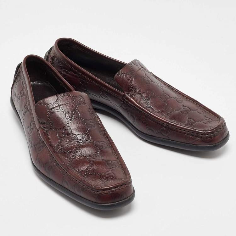 Pre Owned Gucci Dark Brown Leather Guccissima Slip on Loafers Size 38
