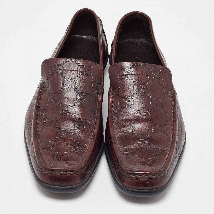 Pre Owned Gucci Dark Brown Leather Guccissima Slip on Loafers Size 38