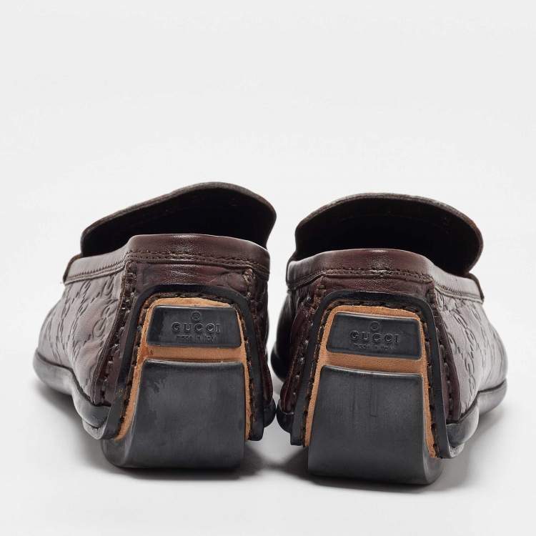 Pre Owned Gucci Dark Brown Leather Guccissima Slip on Loafers Size 38
