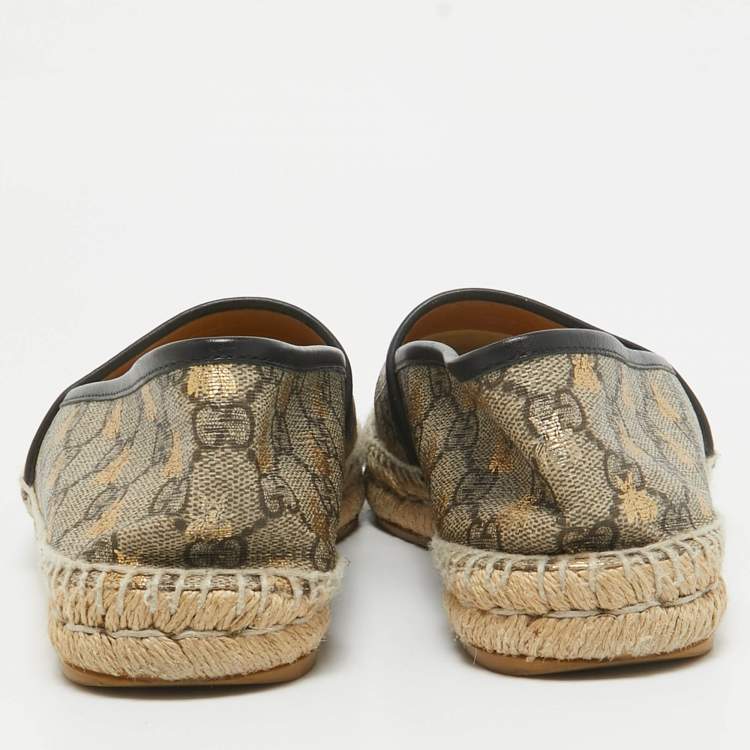 Pre Owned Gucci Brown/Beige GG Supreme Canvas Printed Bee Espadrille Flats Size 39