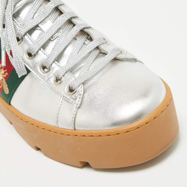 Pre Owned Gucci Silver Leather Bee Embroidered Ace Platform Sneakers Size 38