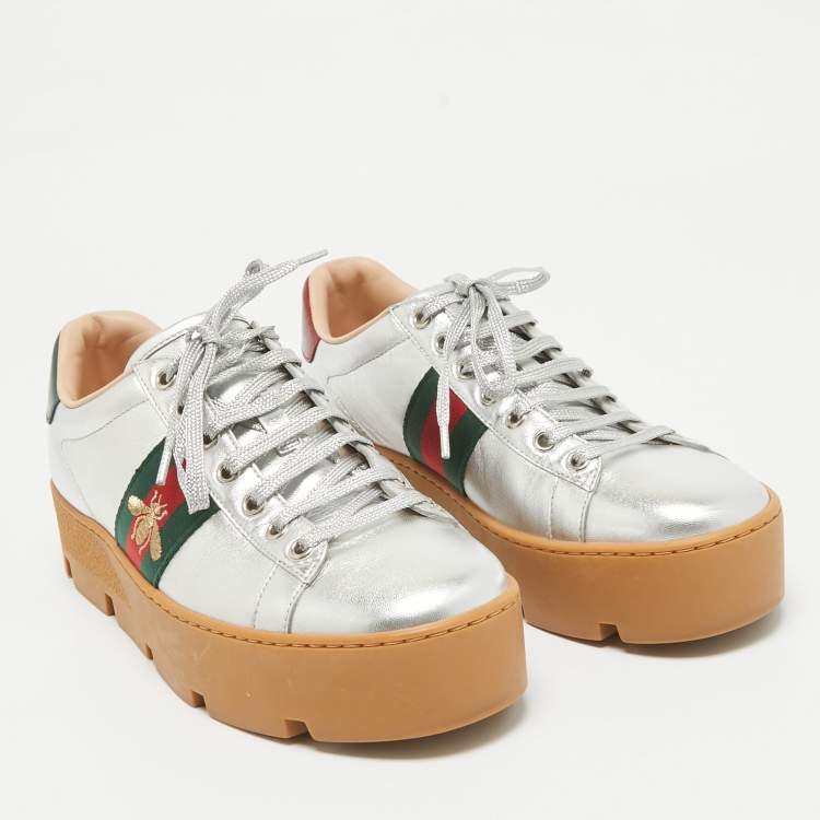 Pre Owned Gucci Silver Leather Bee Embroidered Ace Platform Sneakers Size 38