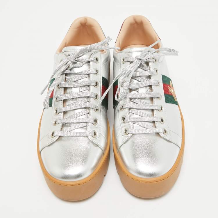 Pre Owned Gucci Silver Leather Bee Embroidered Ace Platform Sneakers Size 38