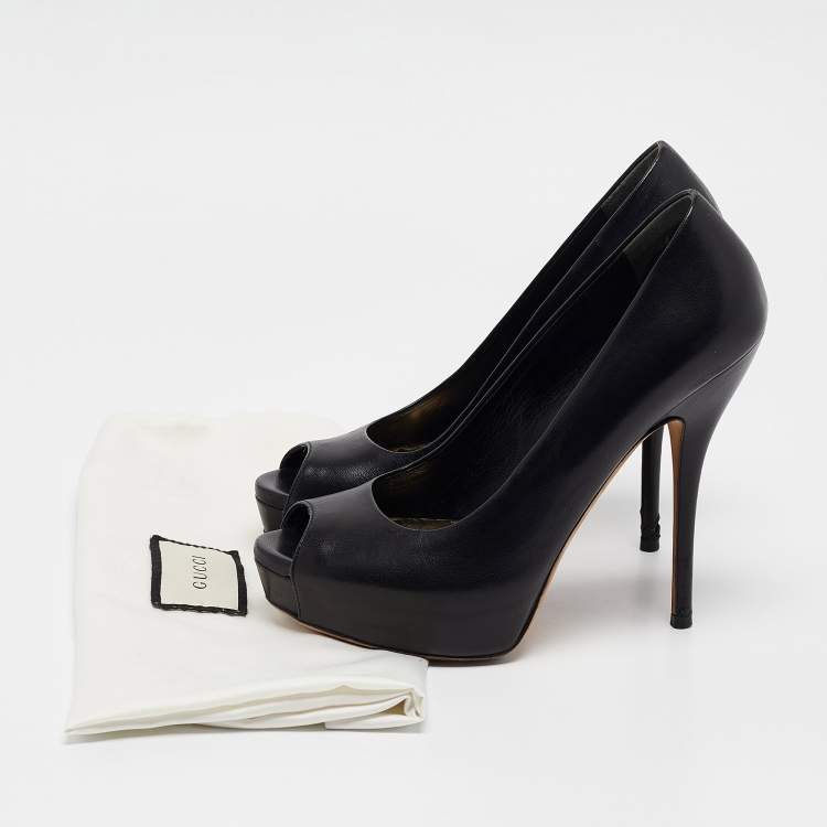 Pre Owned Gucci Black Leather Platform Peep Toe Pumps Size 37
