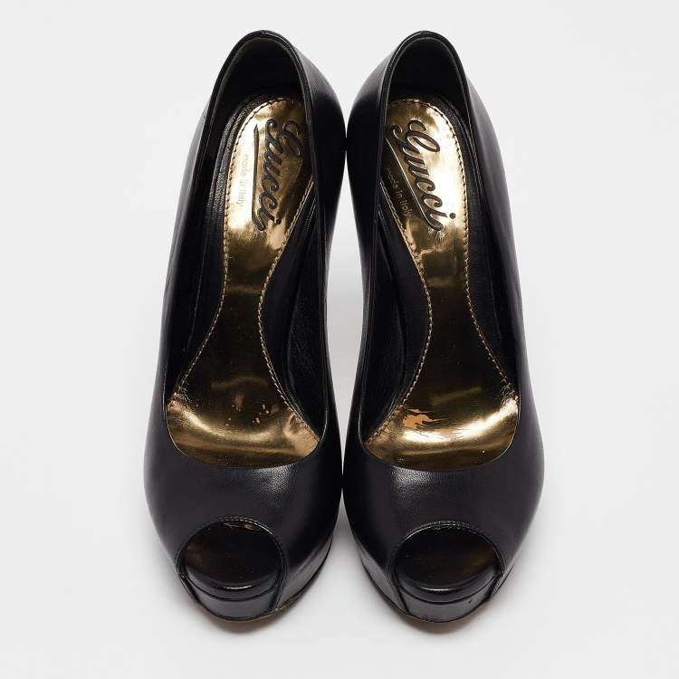 Pre Owned Gucci Black Leather Platform Peep Toe Pumps Size 37