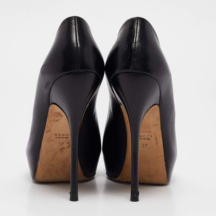 Pre Owned Gucci Black Leather Platform Peep Toe Pumps Size 37