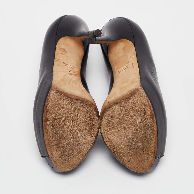 Pre Owned Gucci Black Leather Platform Peep Toe Pumps Size 37