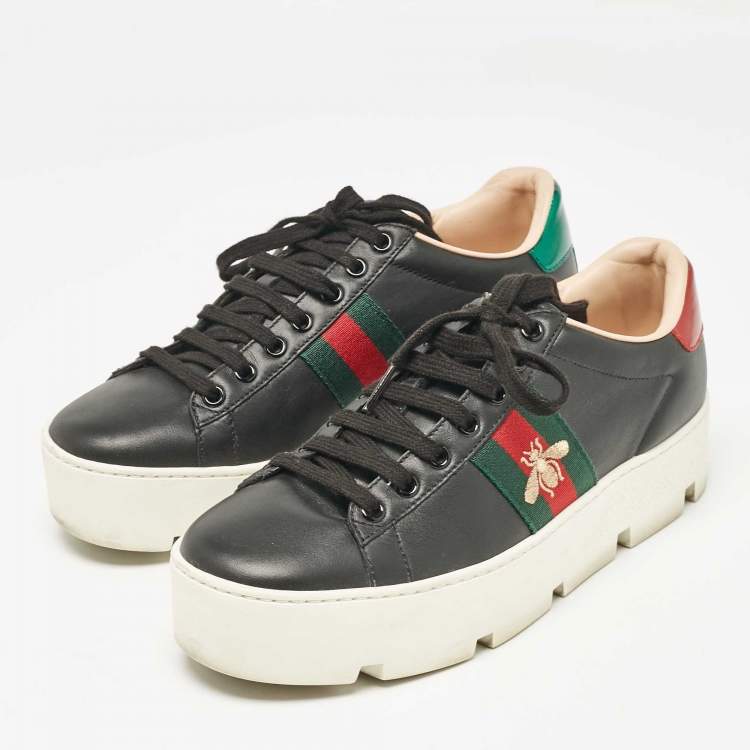 Pre Owned Gucci Black Leather Bee Embroidered Ace Platform Sneakers Size 38