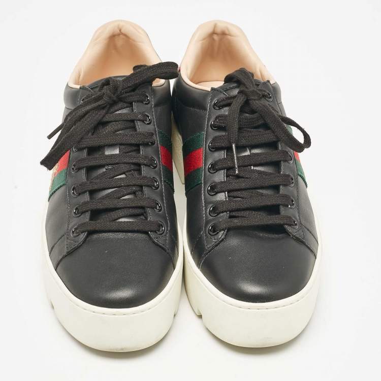 Pre Owned Gucci Black Leather Bee Embroidered Ace Platform Sneakers Size 38