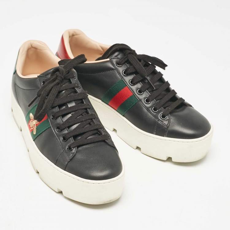 Pre Owned Gucci Black Leather Bee Embroidered Ace Platform Sneakers Size 38