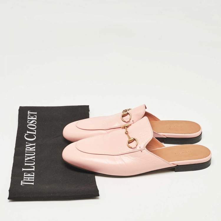 Pre Owned Gucci Pink Leather Princetown Horsebit Flat Mules Size 39