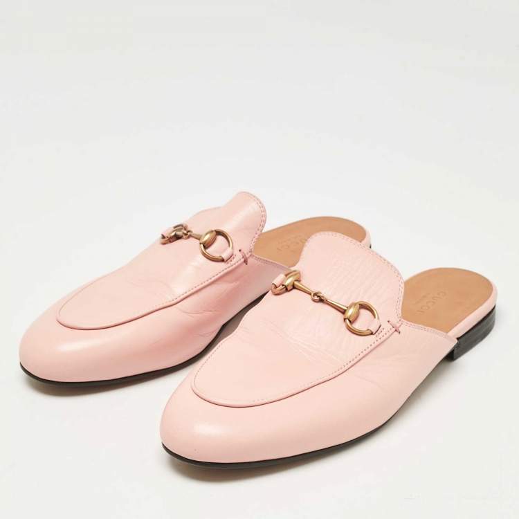 Pre Owned Gucci Pink Leather Princetown Horsebit Flat Mules Size 39
