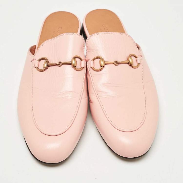 Pre Owned Gucci Pink Leather Princetown Horsebit Flat Mules Size 39