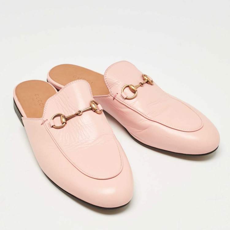 Pre Owned Gucci Pink Leather Princetown Horsebit Flat Mules Size 39