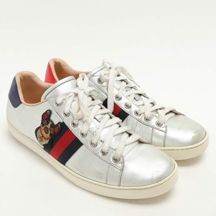 Pre Owned Gucci Silver Leather Ace Low Top Sneakers Size 39.5