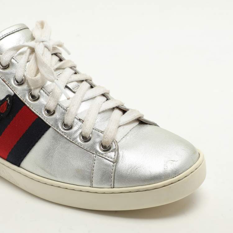 Pre Owned Gucci Silver Leather Ace Low Top Sneakers Size 39.5