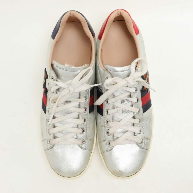 Pre Owned Gucci Silver Leather Ace Low Top Sneakers Size 39.5