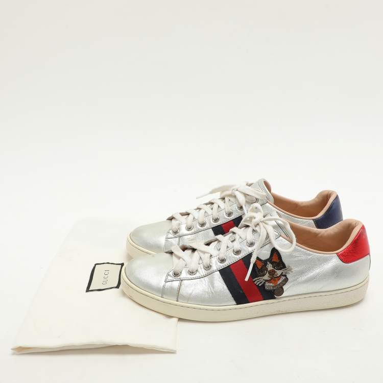 Pre Owned Gucci Silver Leather Ace Low Top Sneakers Size 39.5
