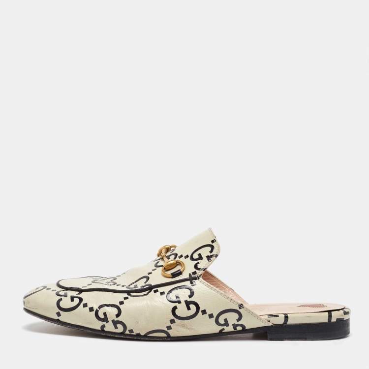 Pre Owned Gucci Cream/Black Leather Ghost Princetown Flat Mules Size 39