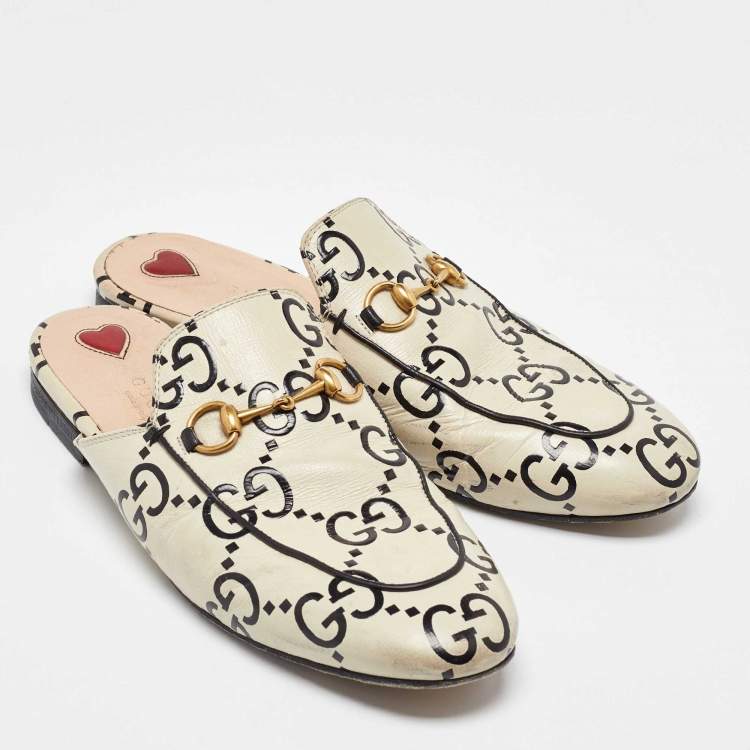 Pre Owned Gucci Cream/Black Leather Ghost Princetown Flat Mules Size 39