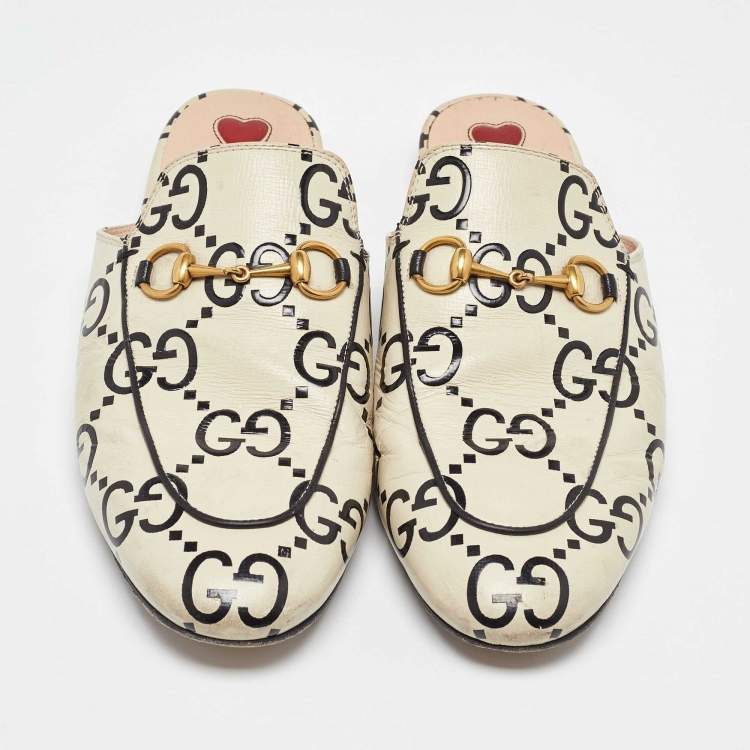 Pre Owned Gucci Cream/Black Leather Ghost Princetown Flat Mules Size 39