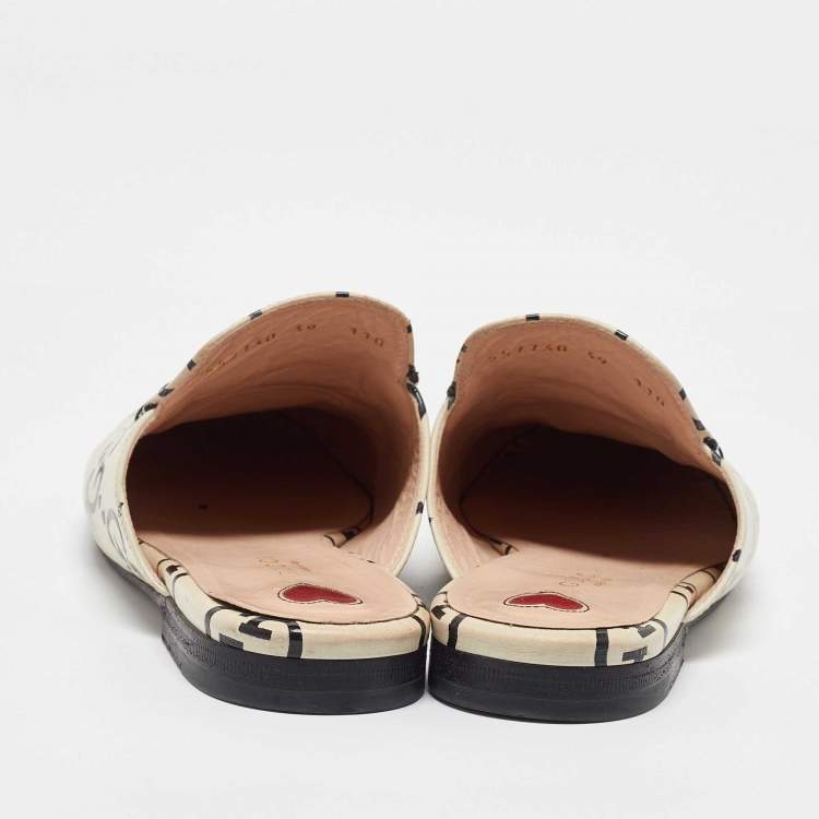 Pre Owned Gucci Cream/Black Leather Ghost Princetown Flat Mules Size 39