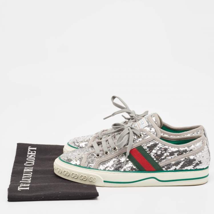 Pre Owned Gucci Silver Sequins Tennis 1977 Lace Up Sneakers Size 39