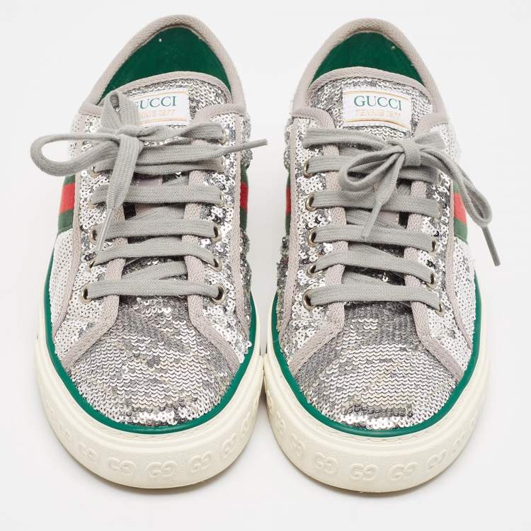 Pre Owned Gucci Silver Sequins Tennis 1977 Lace Up Sneakers Size 39