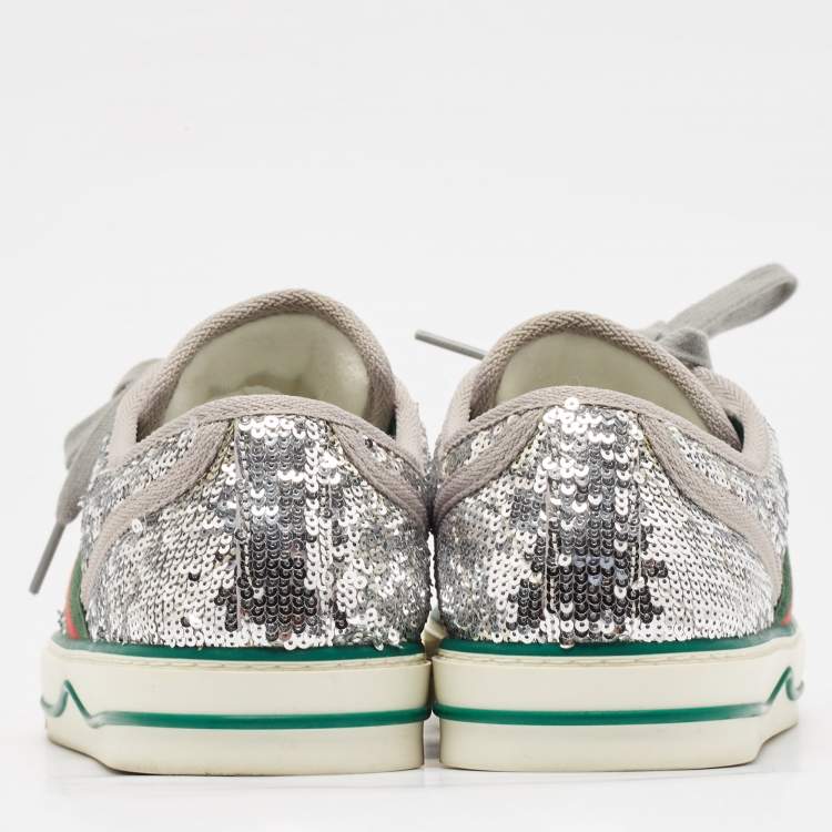 Pre Owned Gucci Silver Sequins Tennis 1977 Lace Up Sneakers Size 39
