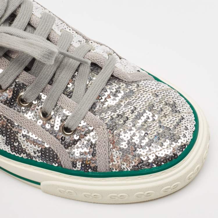 Pre Owned Gucci Silver Sequins Tennis 1977 Lace Up Sneakers Size 39