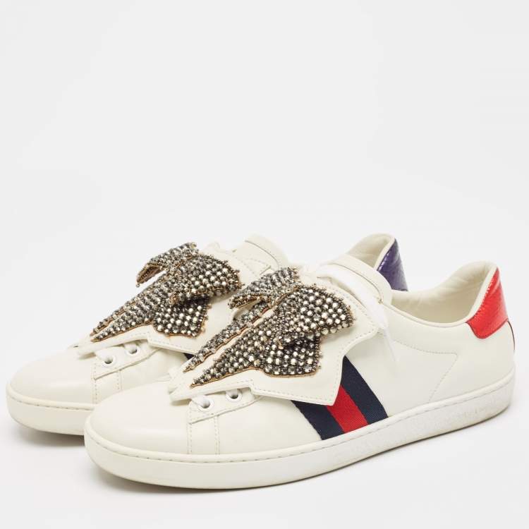 Pre Owned Gucci White Leather Ace  Bow Patch Sneakers Size 38.5