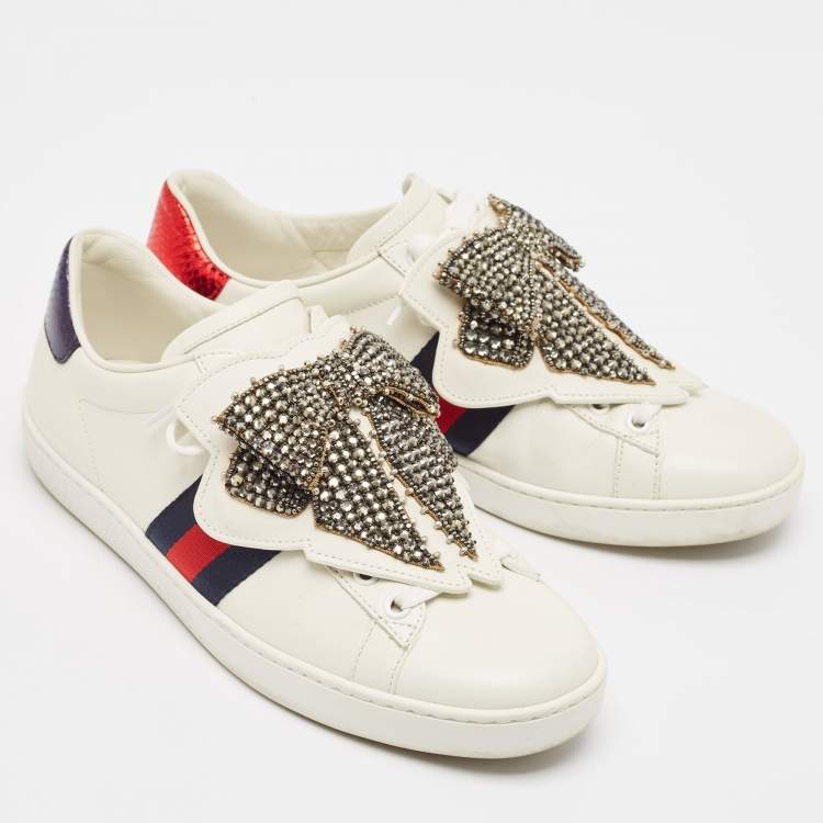 Pre Owned Gucci White Leather Ace  Bow Patch Sneakers Size 38.5