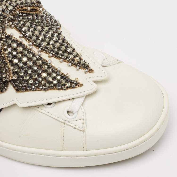 Pre Owned Gucci White Leather Ace  Bow Patch Sneakers Size 38.5