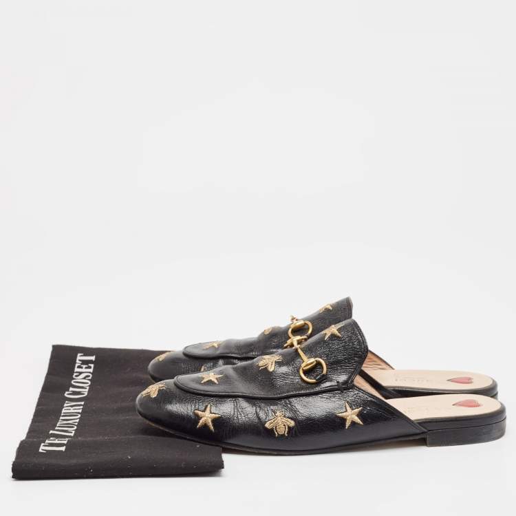 مملوكة مسبقًا Gucci Black Leather  Bee And Star Embroidered Princetown Mules Size 41