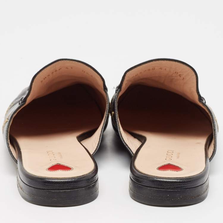 مملوكة مسبقًا Gucci Black Leather  Bee And Star Embroidered Princetown Mules Size 41