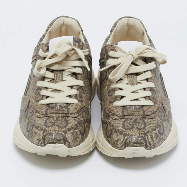 Pre Owned Gucci Beige Canvas Rhyton Lace Up Sneakers Size 38