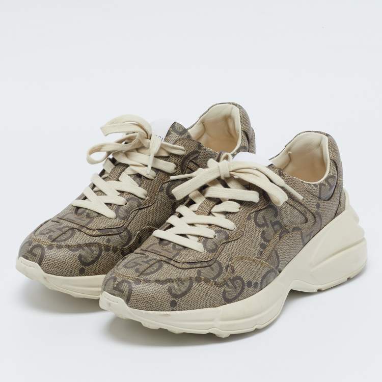 Pre Owned Gucci Beige Canvas Rhyton Lace Up Sneakers Size 38