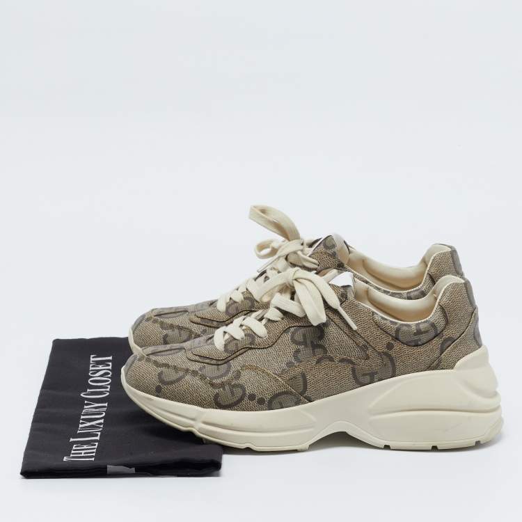 Pre Owned Gucci Beige Canvas Rhyton Lace Up Sneakers Size 38