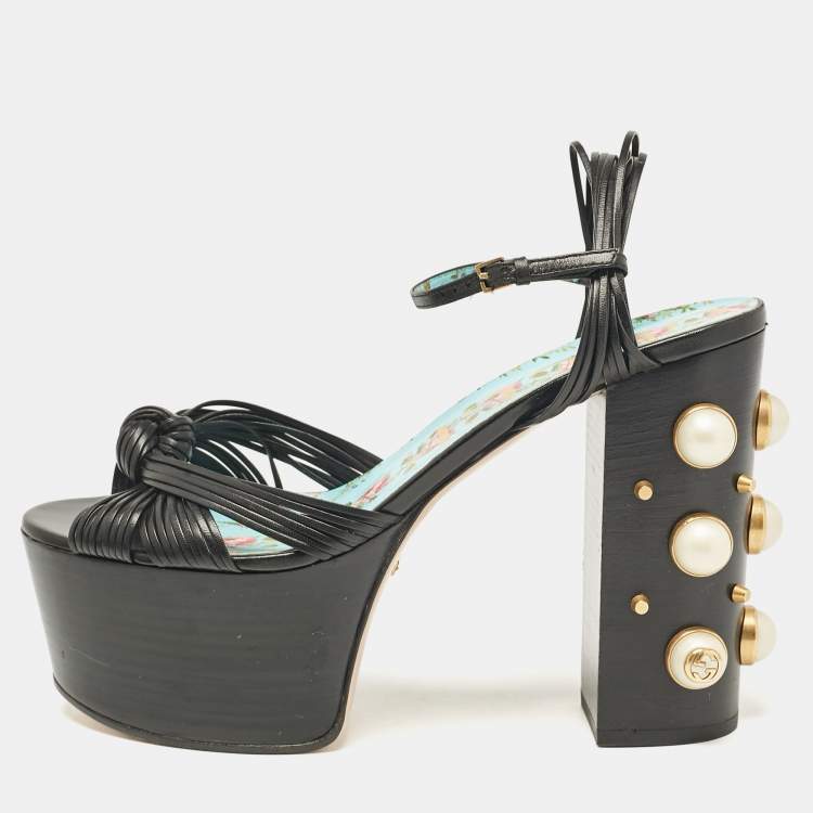 Pre Owned Gucci Black Leather Pearl & Stud Embellished Platform Sandals Size 39