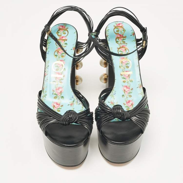 Pre Owned Gucci Black Leather Pearl & Stud Embellished Platform Sandals Size 39