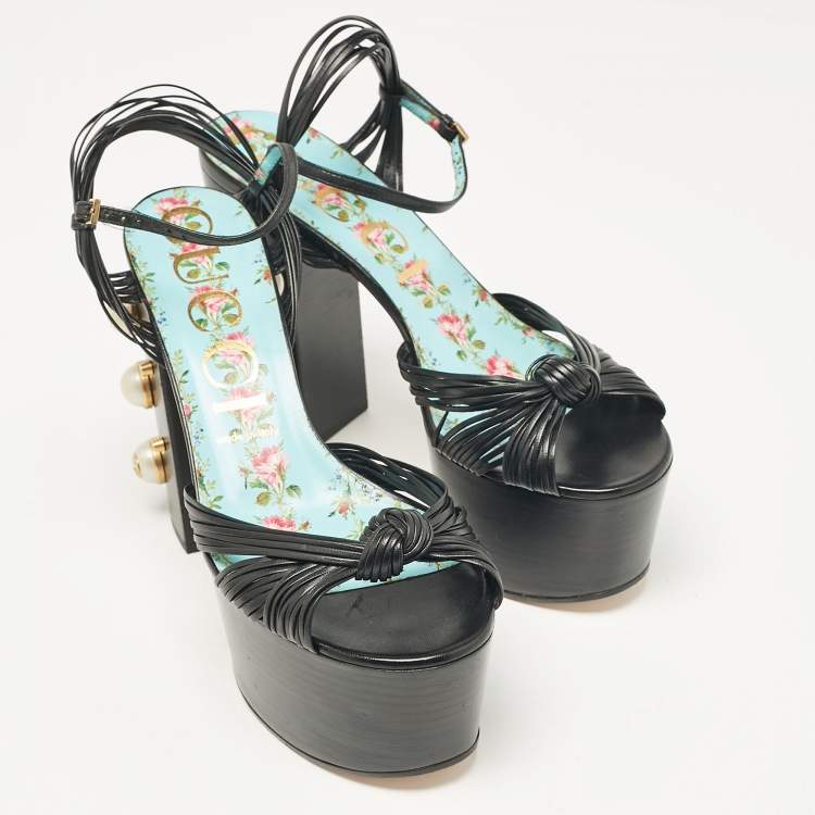 Pre Owned Gucci Black Leather Pearl & Stud Embellished Platform Sandals Size 39