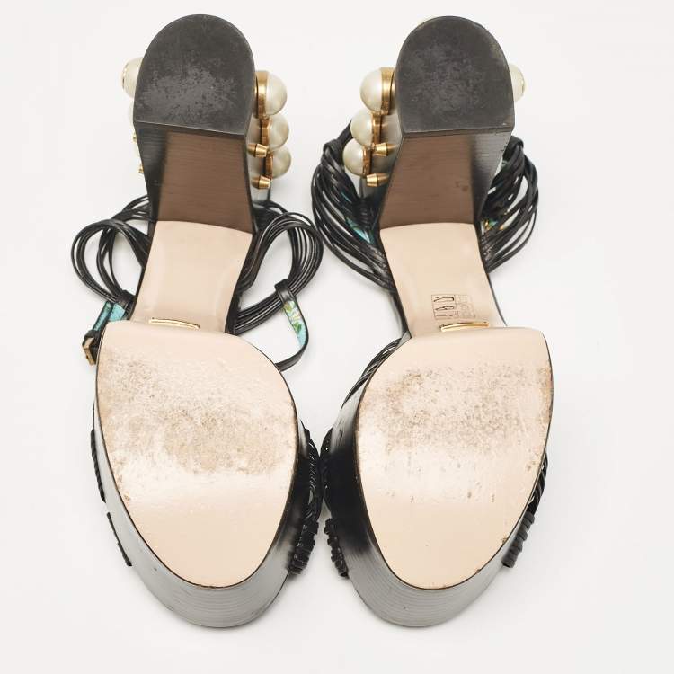 Pre Owned Gucci Black Leather Pearl & Stud Embellished Platform Sandals Size 39