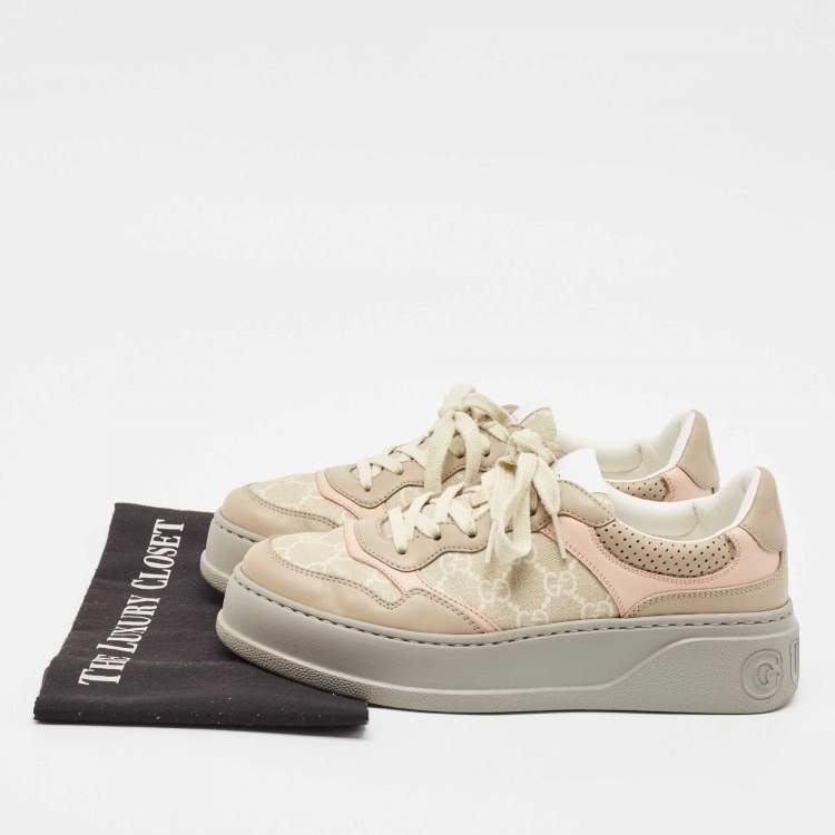 Pre Owned Gucci Multicolor Canvas and Leather GG Lace Up Sneakers Size 38