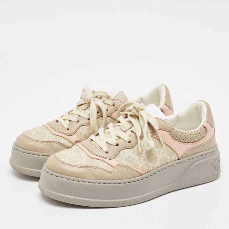 Pre Owned Gucci Multicolor Canvas and Leather GG Lace Up Sneakers Size 38