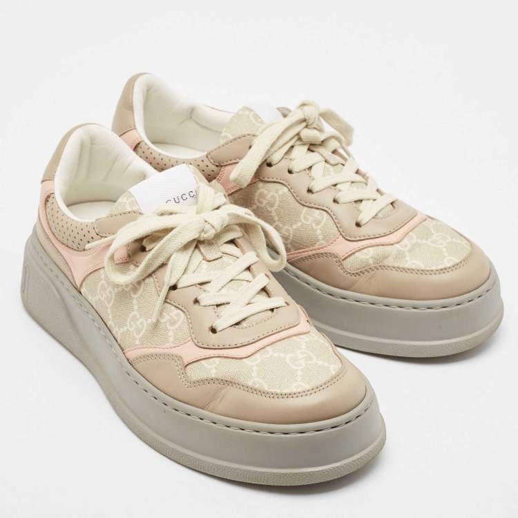 Pre Owned Gucci Multicolor Canvas and Leather GG Lace Up Sneakers Size 38