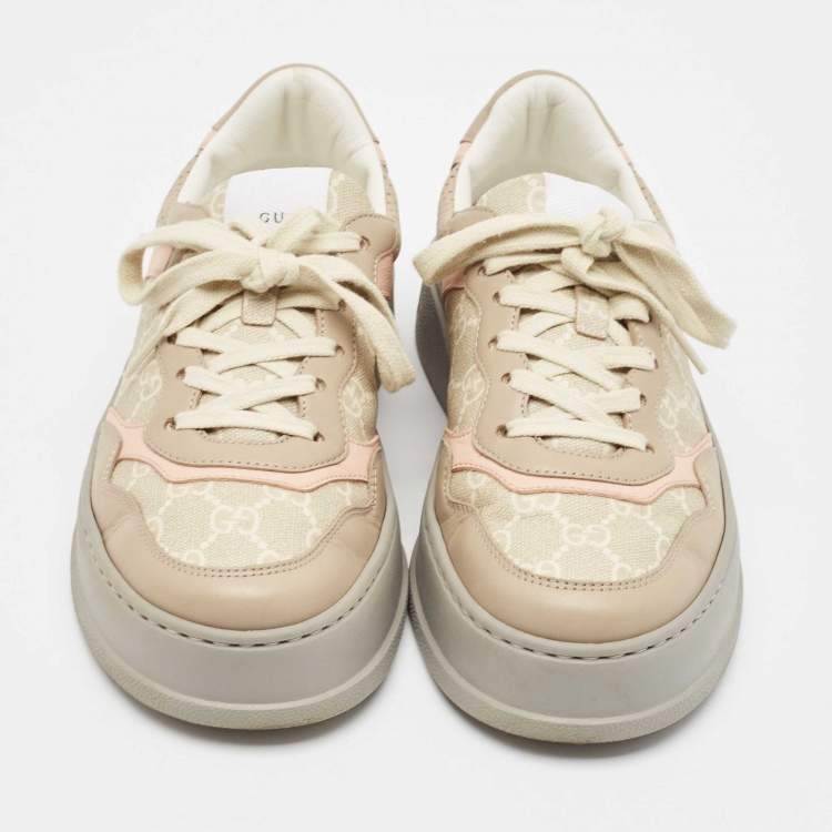 Pre Owned Gucci Multicolor Canvas and Leather GG Lace Up Sneakers Size 38