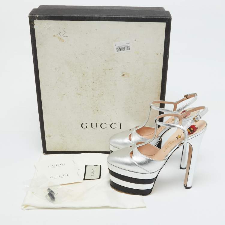 Pre Owned Gucci Silver Leather Angel T-Strap Platform Sandals Size 37