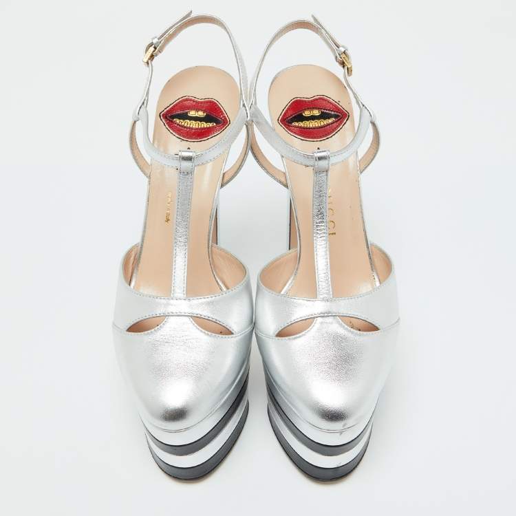 Pre Owned Gucci Silver Leather Angel T-Strap Platform Sandals Size 37