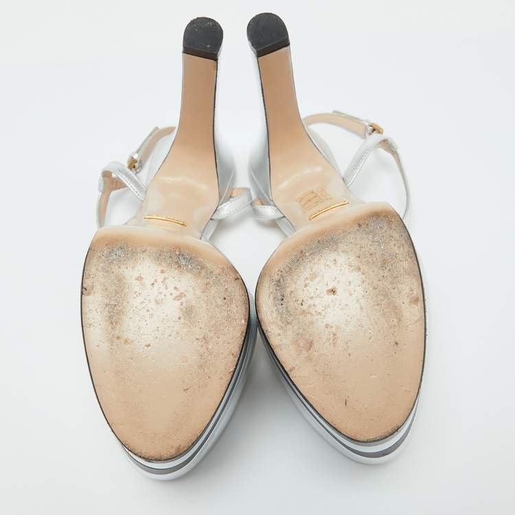 Pre Owned Gucci Silver Leather Angel T-Strap Platform Sandals Size 37